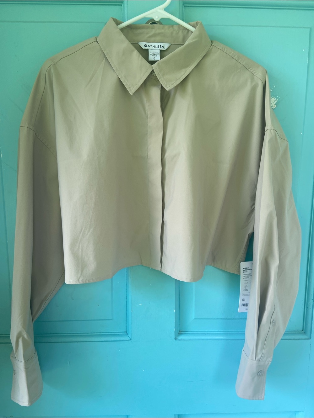 Athleta Midday Ultra Cropped Poplin Shirt Taupe Button-Front Womans L UVP 40+